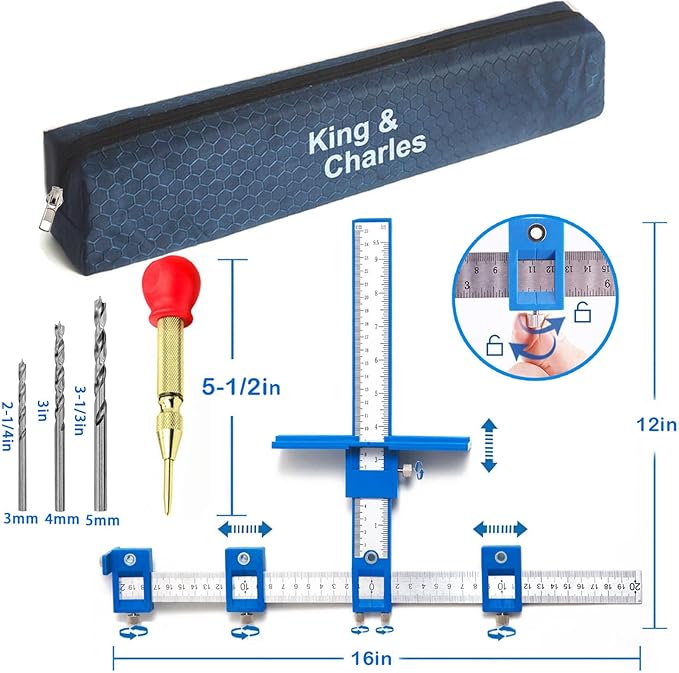 King&Charles Cabinet Hardware Jig, Cabinet Handle Jig + Automatic Hole Punch + Point Drill Bits, Use for Handles Knobs Pulls on Drawers/Doors, Wood Drilling Dowelling Guide Set.