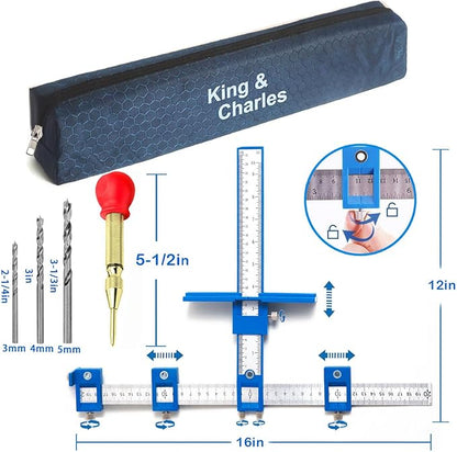 King&Charles Cabinet Hardware Jig, Cabinet Handle Jig + Automatic Hole Punch + Point Drill Bits, Use for Handles Knobs Pulls on Drawers/Doors, Wood Drilling Dowelling Guide Set.