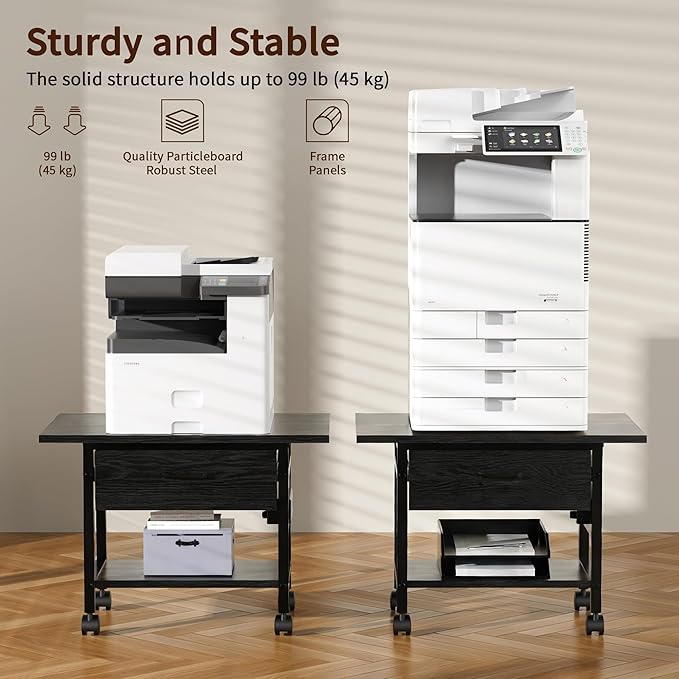 Aetheris Heavy-Duty Printer Stand with Locking Wheels, 2 -Tier Under Desk Table with Storage Drawer, Large Rolling Cart, Printer Table, Fits Printer Scanner Fax Machine (Black)
