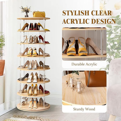 7-Tier Rotating Shoe Rack, 360 Degree Spinning Shoe Rack Tower, Lazy Susan Storage Tower Made of Acrylic and Wood, Round Rotating Organizer Shelf for Closet, Entryway and Bedroom