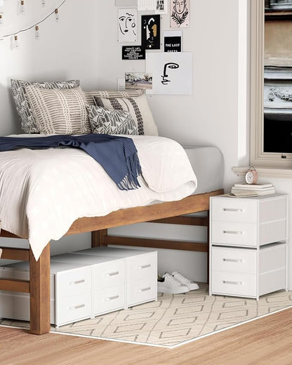 Stackable Storage Drawers - 2 Tier Closet Drawers, Closet Organizer with Metal Handles, Night Stand with Collapsible Bins, Fabric Dresser for Bedroom, Dorm, Office, White, 2 Pack