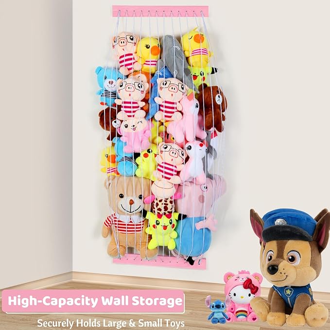 Stuffed Animal Storage Wooden Soft Toy Storage for Kids Room，Wall Mount Door Hanging Stuffed Animal Toy Organizer Shelf for Nursery Play Room Pink -Patent