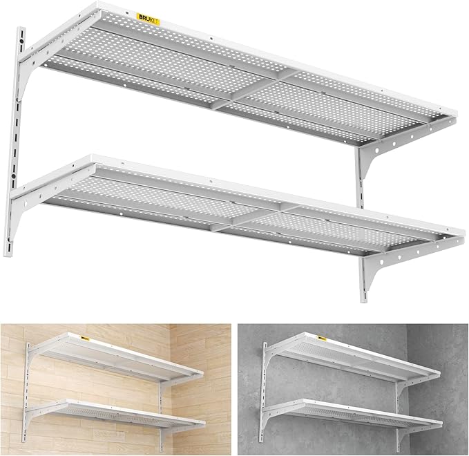 2 Tier 1.3x4ft Garage Shelving Wall Mounted, 15.6x48inch per Shelf Height Cassette Adjustable Floating Shelves (White)