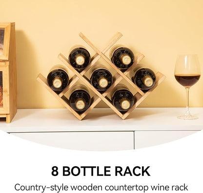 KIRIGEN Wooden 8-Bottle Wine Rack - 3-Tier Wood Wine Display Rack/Standing and Countertop Wine Storage Shelf - Bottle Holder/Cabinet Glass Rack Natural XHJJ3-NA
