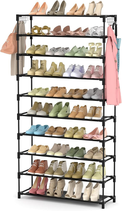 10 Tiers Shoe Rack Large Capacity Tall Shoe Organizer Sturdy Shoe Storage with Two Hooks Space Saving Metal Wide Shoe Rack for Closet, Entryway, Bedroom, Black