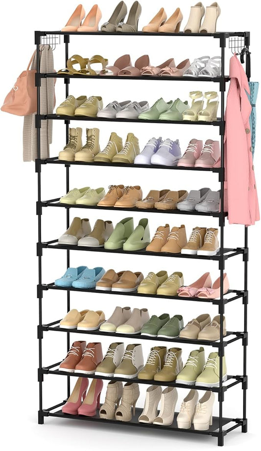 10 Tiers Shoe Rack Large Capacity Tall Shoe Organizer Sturdy Shoe Storage with Two Hooks Space Saving Metal Wide Shoe Rack for Closet, Entryway, Bedroom, Black
