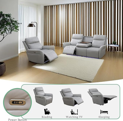 Reclining Power Sectional Sofa Couch Set, 2PCS Breathing Leather Recliner Sofa Chair Living Room Furniture Sets Reclining Sofa Set with Cup Holders/Storage Console/Drop-Down Table for Office