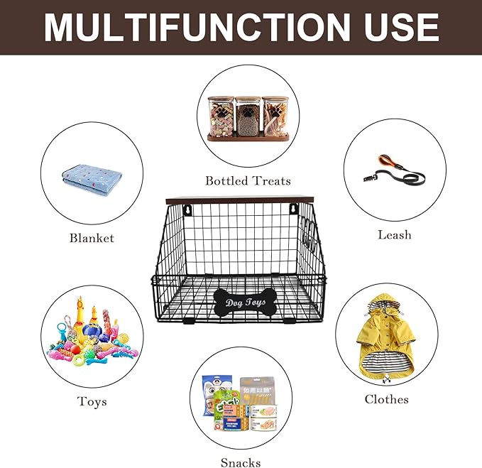 Metal Dog Toy Basket (11.8"x12"x8"),Dog Storage Organizer,Trapezoid Dog Toy Bin for Dog Accessories,Pet Stuff Storage Rack with Wood Shelf-Sturdy and Easy to Assemble