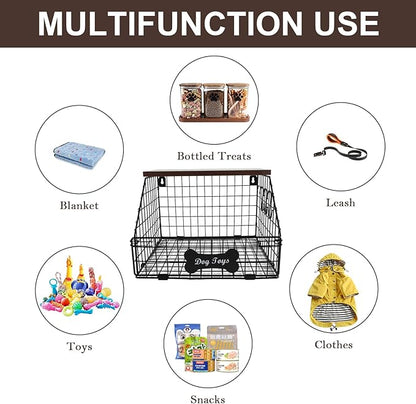 Metal Dog Toy Basket (11.8"x12"x8"),Dog Storage Organizer,Trapezoid Dog Toy Bin for Dog Accessories,Pet Stuff Storage Rack with Wood Shelf-Sturdy and Easy to Assemble