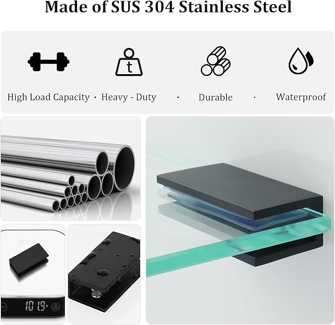 Alise Glass Shelf Brackets 2Pcs, Adjustable Shower Glass Clamps, Heavy Duty Clamp Holder, SUS304 Stainless Steel Brackets for 8-12mm Shelves, Matte Black