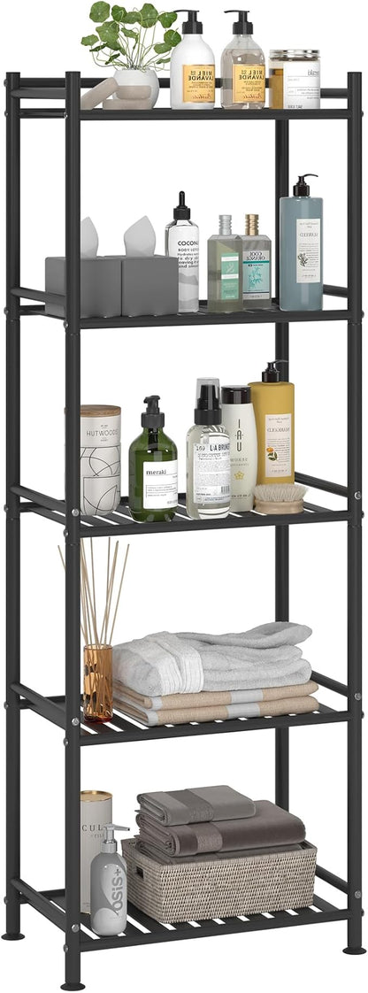 5 Tier Bathroom Storage Open Shelf Unit, Free-Standing Metal Corner Rack Shelving for Kitchen, Living Room, Hallway (Black, Wider 5 Tier)