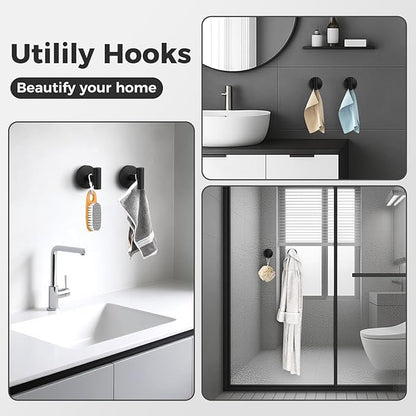 Shower Hooks for Inside Shower,No-Drill Removable&Reusable Towel Hooks for Bathroom,Heavy Duty Suction Cup Hooks for Glass Window,2 Packs(Black)