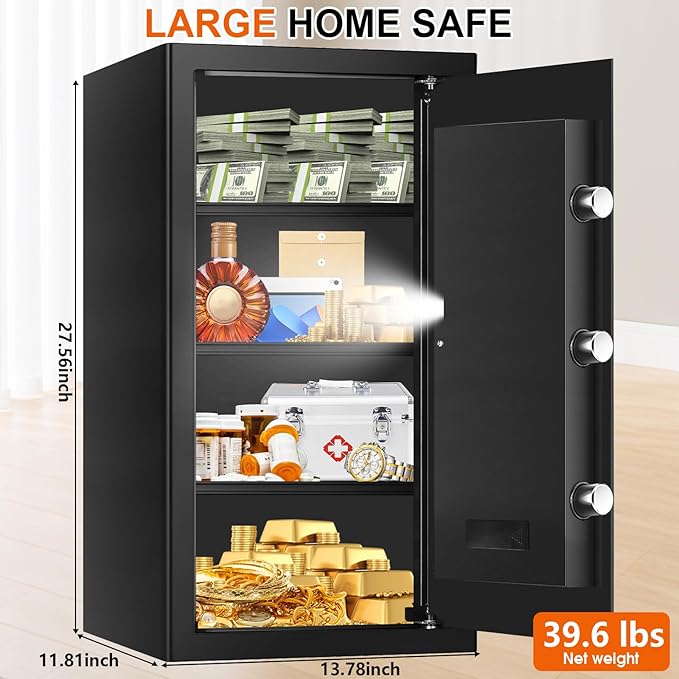 6.1 Cuft Large Fire and Waterproof Safes for Home, Anti-theft Fireproof Lock Box with Digital Keypad, Removable Shelves and Alert System, Personal Fire Proof Safe for Home Documents Valuables