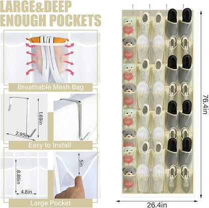 Windyun 40 Over the Door Shoe Organizer Large Breathable Mesh Pockets Hanging Shoe Rack for Closet Beige Behind Door Hanger Storage Holder Nonslip Hooks for Women Men Entryway Bedroom Utility Room
