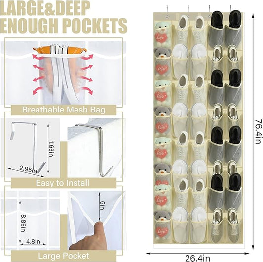 Windyun 40 Over the Door Shoe Organizer Large Breathable Mesh Pockets Hanging Shoe Rack for Closet Beige Behind Door Hanger Storage Holder Nonslip Hooks for Women Men Entryway Bedroom Utility Room