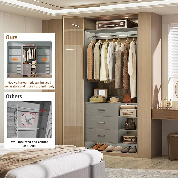 Aheaplus Closet System with 3 Drawers and Shelves, 29.6’’ Closet Organizer, 2.5FT Wood Closet Organizer System, Walk-in Closet or Small Closets Wardrobe, Clothes Rack with Hanging Rods,-E3, Grey