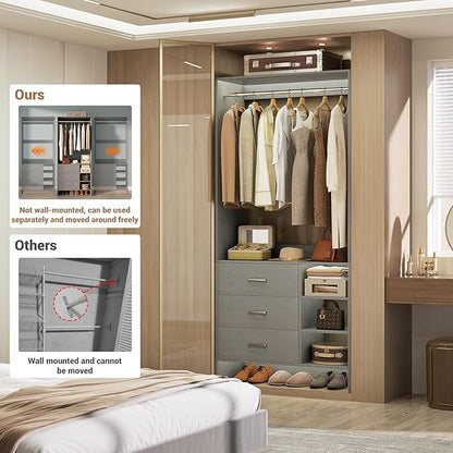 Aheaplus Closet System with 3 Drawers and Shelves, 29.6’’ Closet Organizer, 2.5FT Wood Closet Organizer System, Walk-in Closet or Small Closets Wardrobe, Clothes Rack with Hanging Rods,-E3, Grey