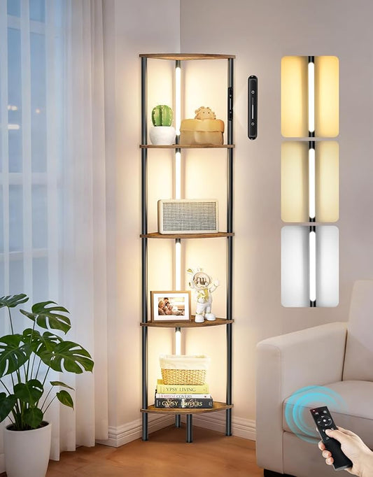 5-Tier Corner Bookshelf with LED Lights, Touch & Remote Control, 3 Color Temperatures, Dimmable Narrow Display Shelf for Living Room, Bedroom, Office (Rustic Brown)