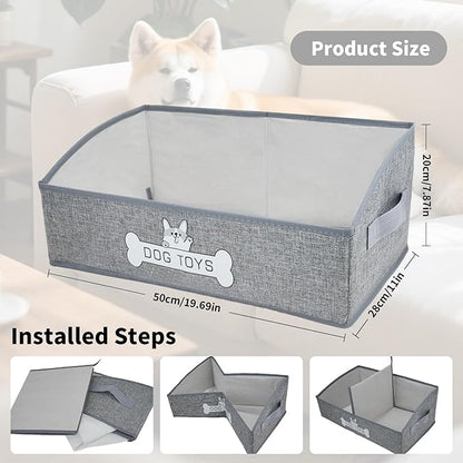 JIABEIUS Dog Toy Box, Foldable Dog Toy Storage Organizer, Fabric Toy Basket with Handle, Pet Storage Box for Pet Supplies, Dog and Cat Toys, Collars, Clothes, Treats, (Grey)