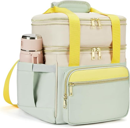Insulated Lunch Bag & Lunch Box for Women - Double Deck Reusable Lunch Bag for men Tote Cooler Bag Leakproof Soft Expandable - Large Lunchbox for Work/Adult/Picnic/Outdoor (Green，15L)