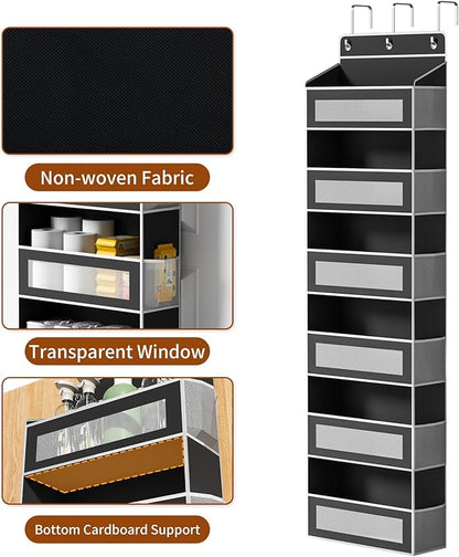 Over The Door Organizer with 6 Large Pockets, Over the Door Storage 12 Side Pockets, Hanging Door Organzier 44 lb Load Behind Door Storage Hanging Shelf for Closet Wall Bathroom Nursery, 6-Tier Black