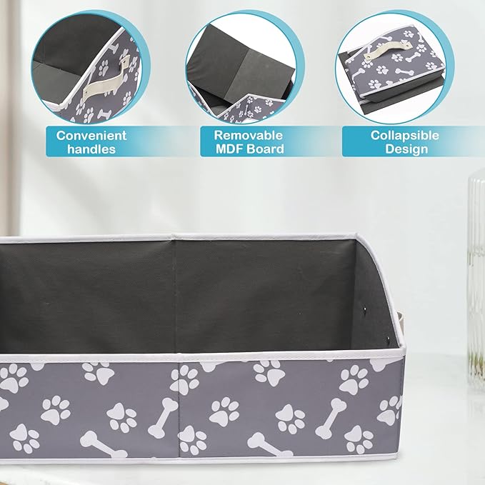 Linen-cotton Blend Dog Toy Organizer Basket - Storage for blankets, leashes, rope toys, clothing - Bone claw pattern