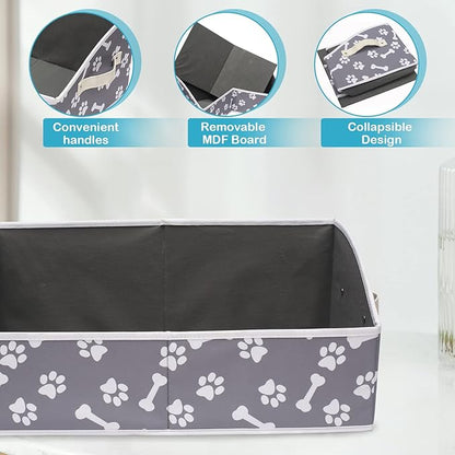 Linen-cotton Blend Dog Toy Organizer Basket - Storage for blankets, leashes, rope toys, clothing - Bone claw pattern