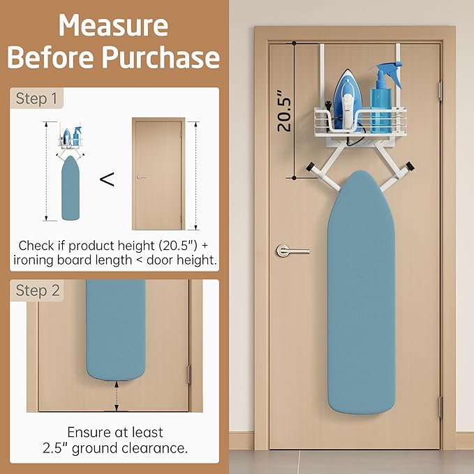 KES Over The Door Ironing Board Holder, Ironing Board Hanger Over Door Organizer with Storage Shelf Y and T Shaped Fits for 1 3/8 Doors White, HIR501A-WH