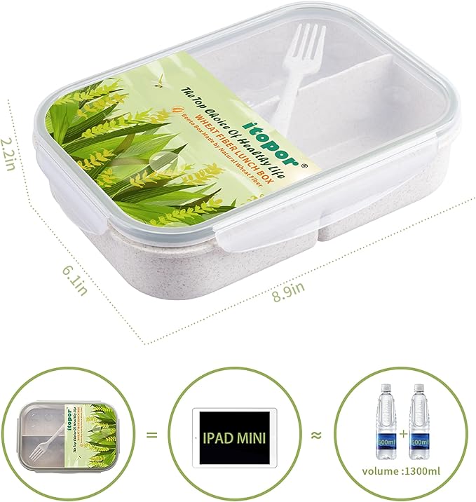 Wheat Straw Lunch Box, Leakproof 3-Compartment Bento Box for Kids & Adults, BPA-Free Lunch Containers, Microwave & Dishwasher Safe, 5.5 Cup (White)