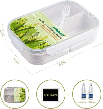 Wheat Straw Lunch Box, Leakproof 3-Compartment Bento Box for Kids & Adults, BPA-Free Lunch Containers, Microwave & Dishwasher Safe, 5.5 Cup (White)