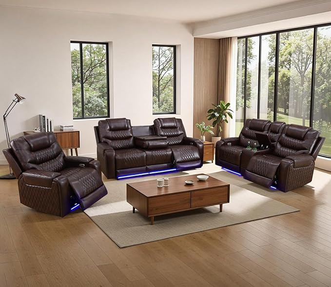 Power Recliner Sofa Set with LED Lights,Leather Reclining Sofa with Charge Port/Drop-Down Table/Storage Console/Cup Holder for Living Room/Office/Home Theater(3 Piece Set,Dark Brown)