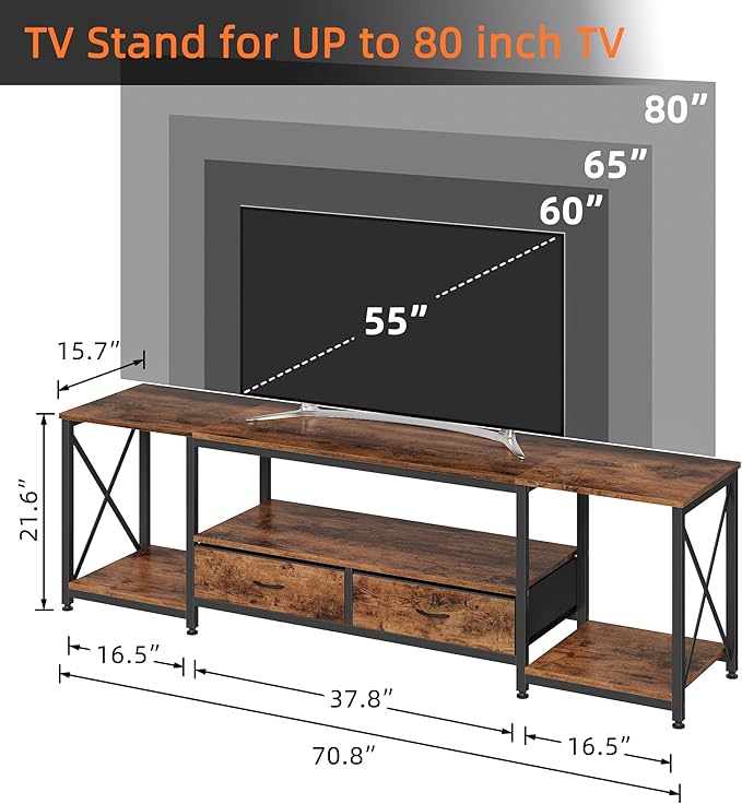 GYIIYUO TV Stand with Fabric Drawers - Entertainment Center and Industrial Console Table with Open Storage Shelves for Living Room, Bedroom - 71.5" Rustic Brown