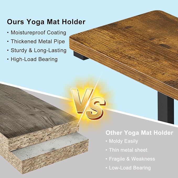 Yoga Mat Holder Wall Mount, Yoga Mats Storage Rack, Home Gym Wall Organizer Holder with Wood Floating Shelf and 5 Hooks, Storage Rack for Hanging Foam Roller/Band/Workout Equipment, Black