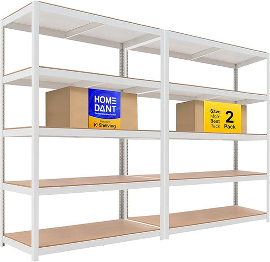 HOMEDANT House 5 Tier Heavy Duty Garage Shelving Adjustable Metal Rack Storage Shelves Standing Shelf Unit Organizers Pantry Closet Office (2, White, 48.1" W x 24.4" D)