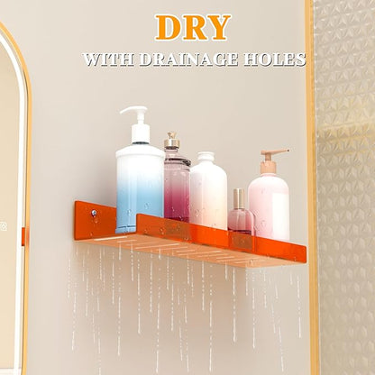 2 Pack Floating Shelves– 15'' Orange Acrylic/PET Wall-Mounted No Drill Storage with Adhesive, Bathroom & Bedroom Shelving for Kitchen, Living Room, Home Decor