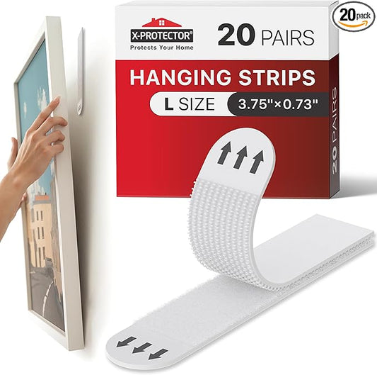 X-Protector Picture Hanging Strips - 20 Pairs Damage Free Picture Hangers - Self Adhesive Hangers Without Nails - Heavy Duty Wall Hanging Strips - Wall Sticky for Hanging Up to 20 LBS (Size L)