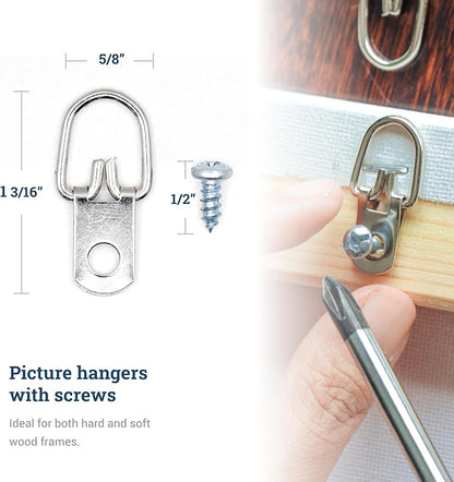 D Ring Picture Hangers with Screws - 100 Pack - Bulk D Rings - Pro Quality Hangers, Picture Hanging Hardware, Dring, Small D Ring Picture Hangers - Picture Hang Solutions.