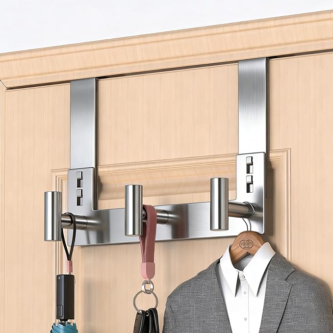 PMMASTO Over The Door Hooks, Fits 1-3/4" Thick Door No Drill Hooks for Closet Bathroom Bedroom Organization, Hanger for Coat Towel Robe (Silver, 3 T-Hooks)