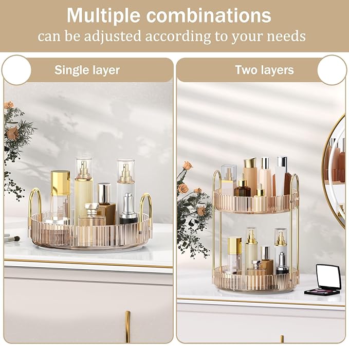 MOKANI 360 Rotating Makeup Organizer for Vanity, 2 Tier Adjustable Perfume Organizer for Dresser, Multi-Function Spinning Cosmetics Skincare Storage for Bedroom, Dresser, Countertop, Amber