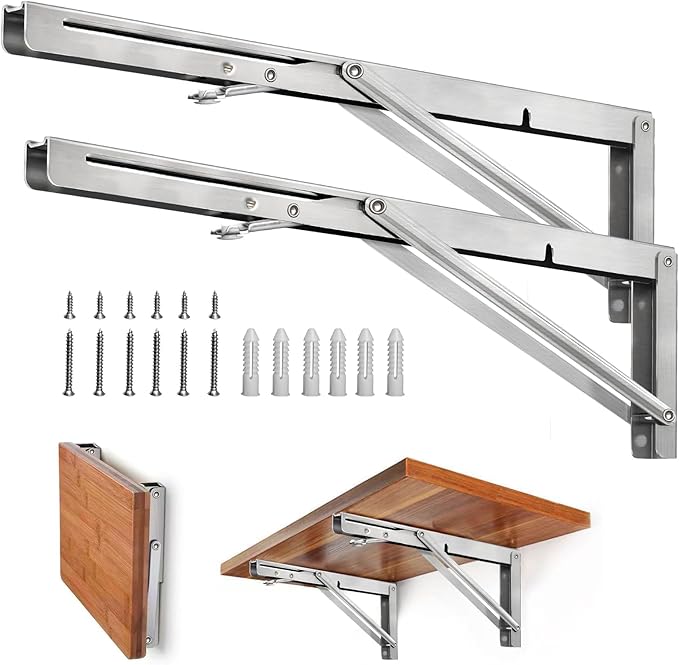 Storystore Folding Shelf Brackets - 20 Inch Heavy Duty Stainless Steel Collapsible Shelf Bracket for Bench Table, Space Saving DIY Bracket, Max Load: 550lb