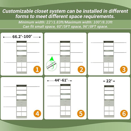 Closet System, 4-8 FT Closet Organizer Tower with 2 Wooden Drawers and 5 Hanging Rods, Can Fit 60 to 96 inch Walk-in Closet System, Crab Green