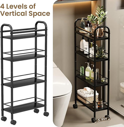 Slim Storage Cart, 4-Tier Small Rolling Cart with Wheels, 5.9" Deep, Narrow Bathroom Shelf Trolley for Kitchen, Bathroom, Laundry Room, Black Standard 4-Tier (5.9" W x 33.6" H)