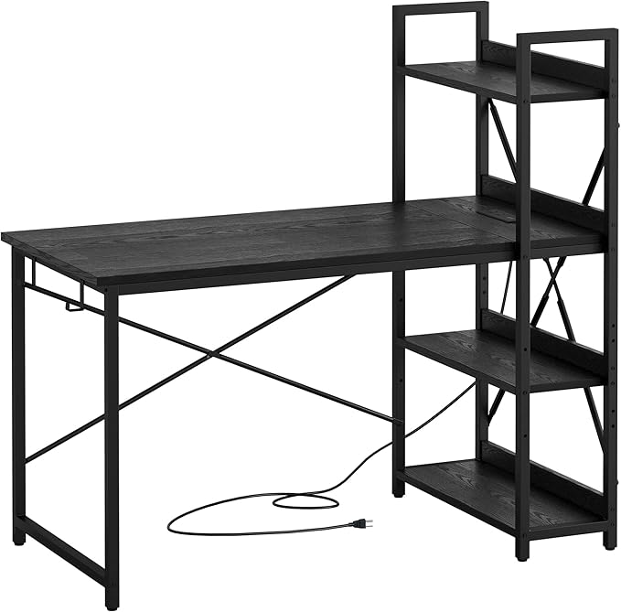 IRONCK Computer Desk 47" with Power Outlet and Storage Shelves, Study Writing Table with USB Ports Charging Station, PC Desk Workstation for Home Office, Black