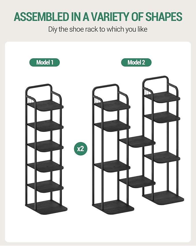 Vertical Shoe Rack, Shoe Shelves, Wood Shoe Organizer for Closet, Entryway, Shoe Tower for Small Spaces, Free Standing, Adjustable, with 2 Hooks, 6 Tier Black SR04204B