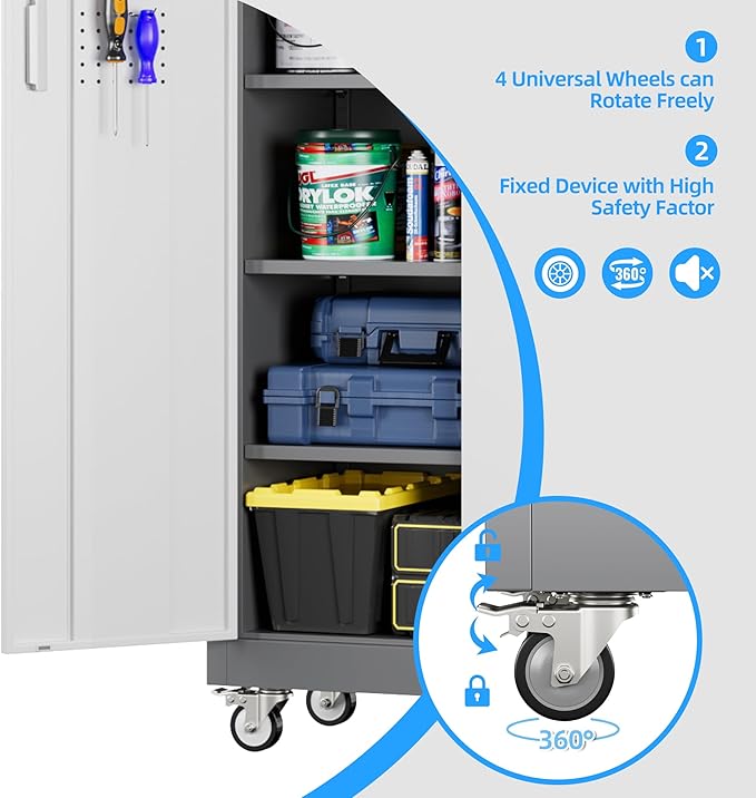 Garage Storage Cabinet with 5 Adjustable Shelves, 71" Metal Storage Cabinet with Wheels and Pegboard Doors for Garage, Home, Utility Room, White and Gray, Assembly Required