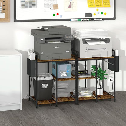 Home Printer Stand with Charging Station, 24x18 Inches Stands for Large Printer, Printer Shredder Stand with Storage for Home Office, Table for Fax Machine/PC Tower (Rustic Brown)