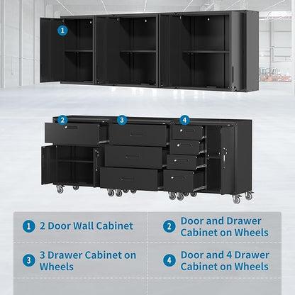 Black Garage Storage Cabinets System 6 PCS Workshop Set with Drawers Locking Heavy Duty Rolling Cart with Adjustable Shelves Garage Tool Workbench Cabinets