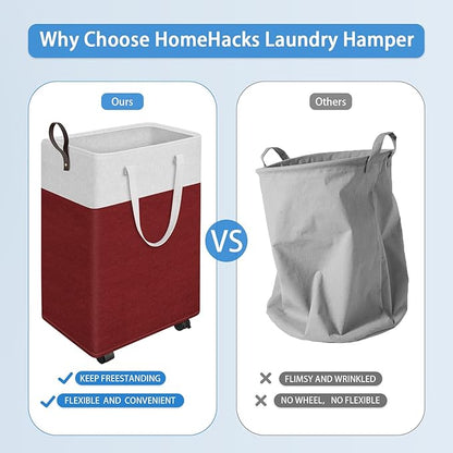 HomeHacks 90L Large - Capacity Rolling Laundry Basket, Laundry Hamper with 4 Smooth Wheels, Collapsible Waterproof Clothes Basket, Freestanding Hamper with Handles for Bedroom/Dorm/Laundry Room (Red)