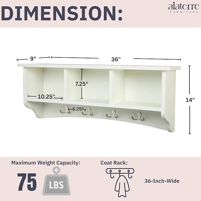 Shaker Cottage 36-Inch Wall-Mounted Coat Rack with 3 Open Shelves – Transitional Entryway Organizer, Mudroom Storage Shelf with 4 Hooks – Space-Saving Wall Storage by Alaterre Furniture (Ivory)