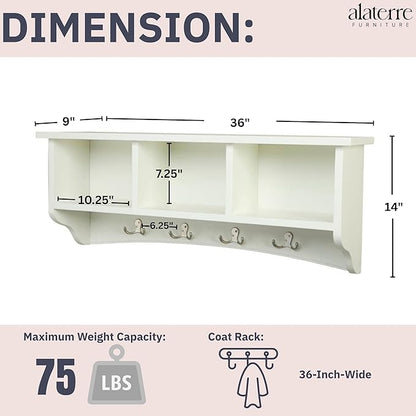Shaker Cottage 36-Inch Wall-Mounted Coat Rack with 3 Open Shelves – Transitional Entryway Organizer, Mudroom Storage Shelf with 4 Hooks – Space-Saving Wall Storage by Alaterre Furniture (Ivory)